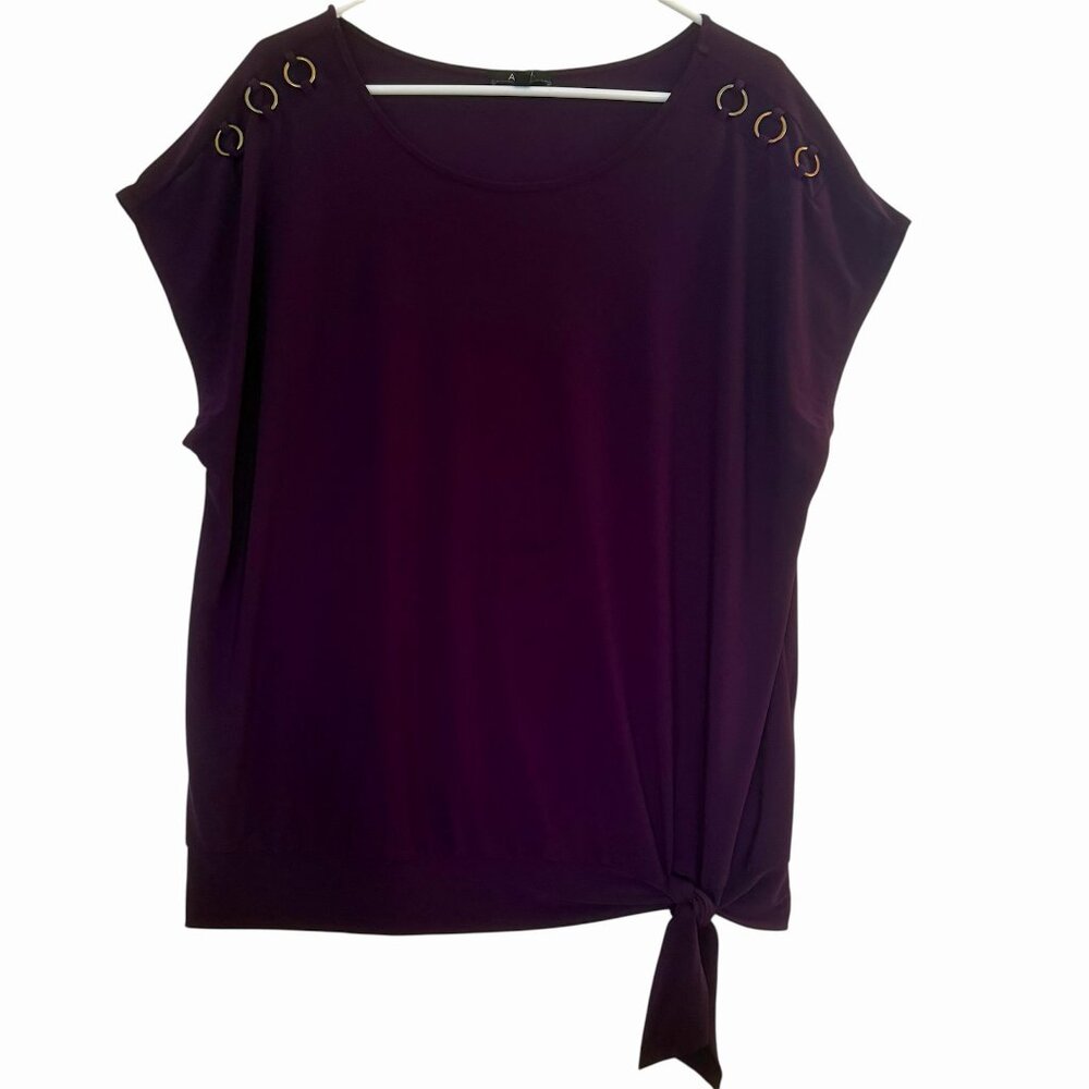 Womens Boho Tie Front Purple Top Sz 2X Grommet‎ Detail Short Sleeve Flowy Office